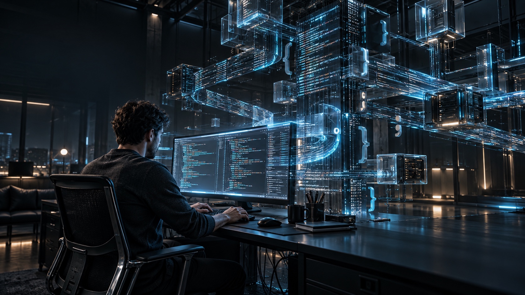 Desarrollador trabajando frente a una computadora de la que emerge código