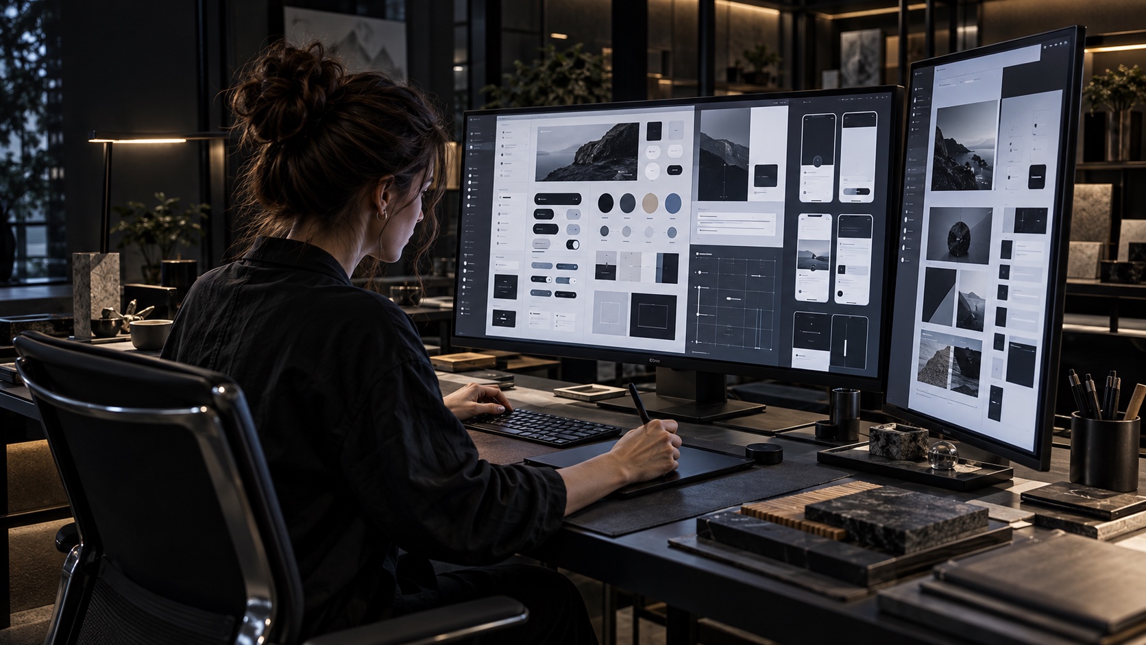Diseñadora construyendo un sistema visual de interfaces digitales