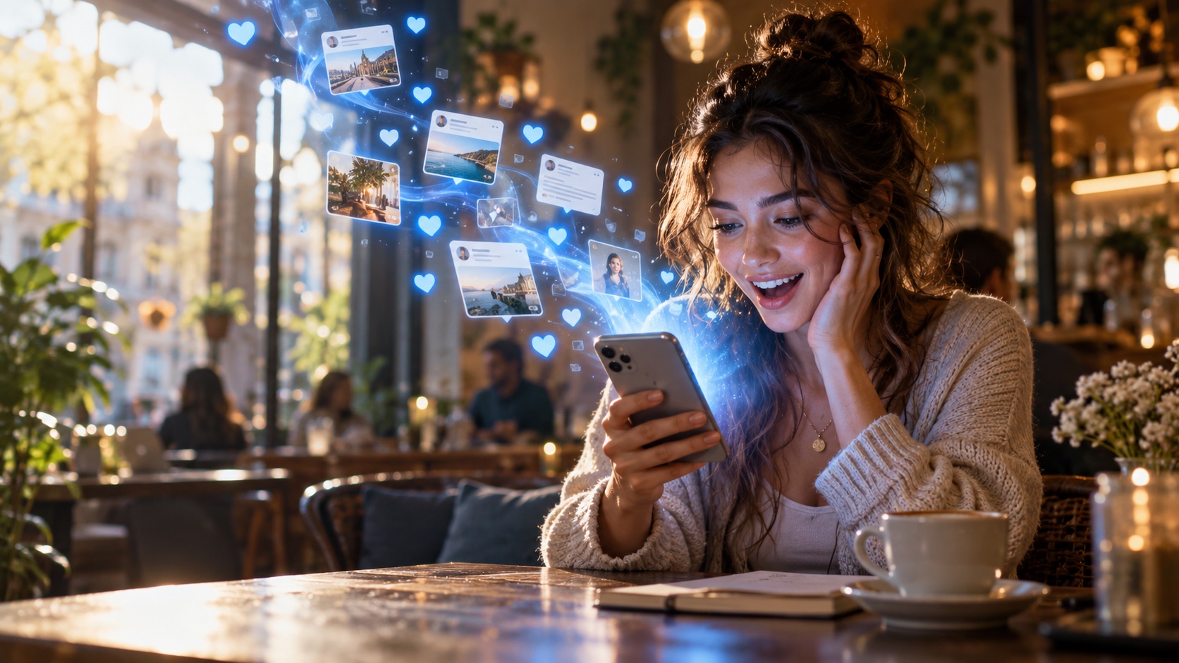 Una mujer sorprendida por el contenido de su teléfono, ilustrado con corazones y notificaciones luminosas
