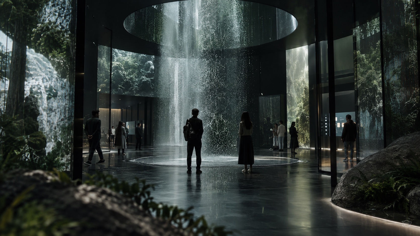 Visitantes recorren una instalación inmersiva construida con agua, cristal y proyecciones.