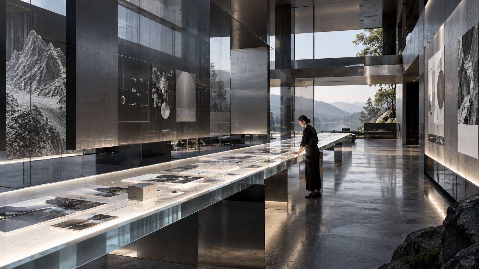 Persona estudia información integrada en una mesa luminosa dentro de una arquitectura de cristal y metal.