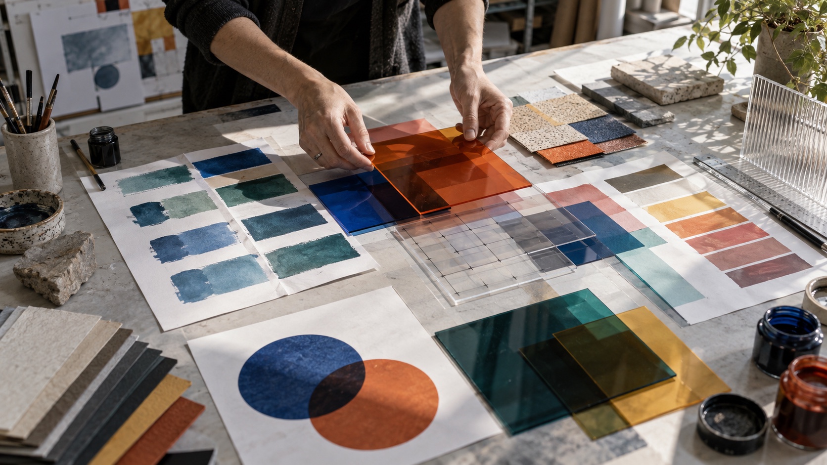 Diseñador combina acrílicos translúcidos, muestras de tinta y papeles de color sobre una mesa.