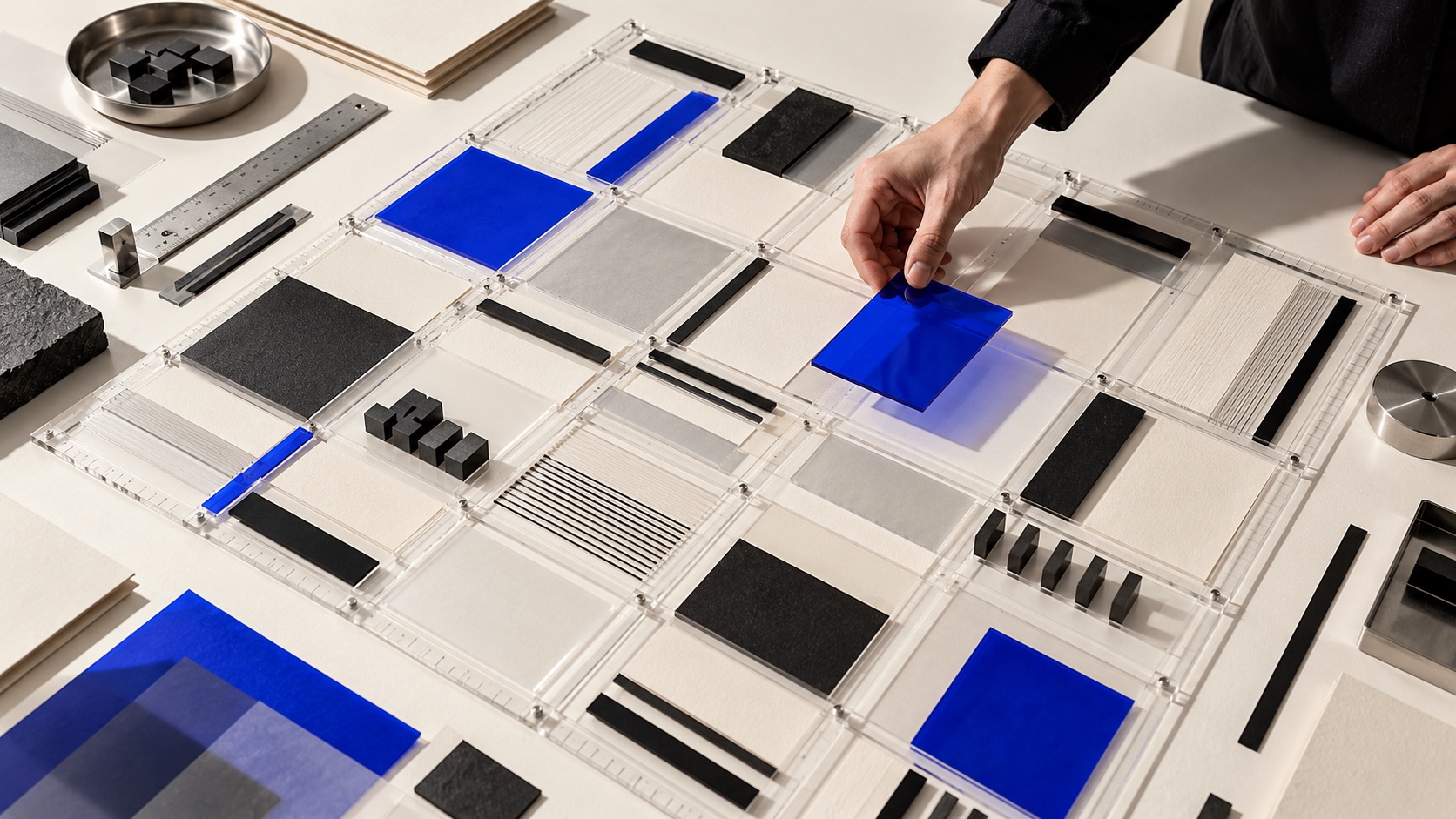 Diseñadora ajusta módulos azules, negros y translúcidos dentro de una retícula física sobre una mesa color marfil.