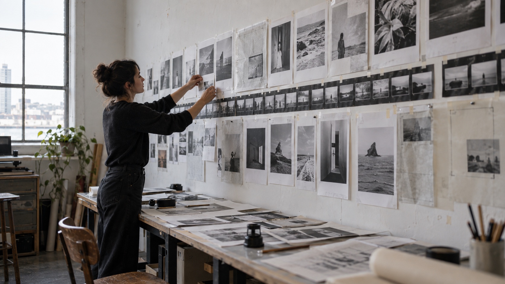 Editora ordena fotografías y hojas de contacto en el muro de un estudio.