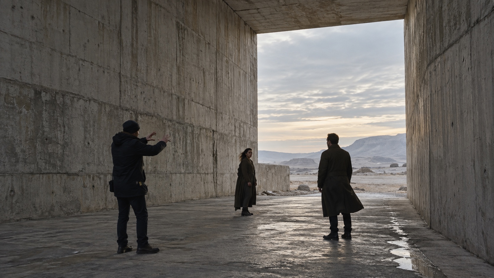 Director construye la distancia entre dos intérpretes dentro de un pasaje brutalista.