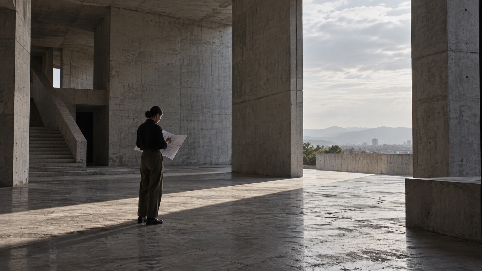 Profesional revisa un plano durante el scouting de una arquitectura de concreto con vista a la ciudad.