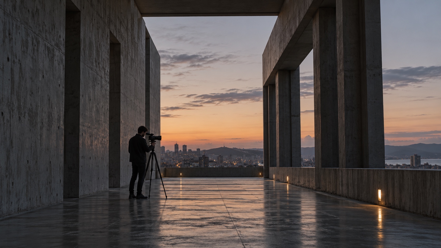 Cinefotógrafo encuadra una ciudad desde un corredor monumental de concreto durante el atardecer.