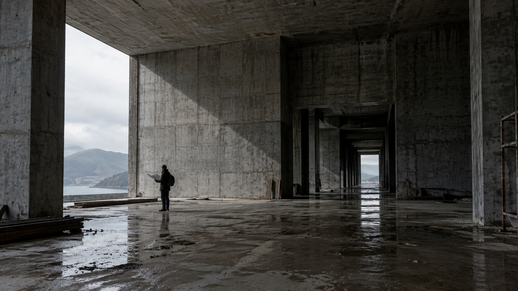 Explorador de locaciones observa la entrada de luz en una arquitectura monumental de concreto.
