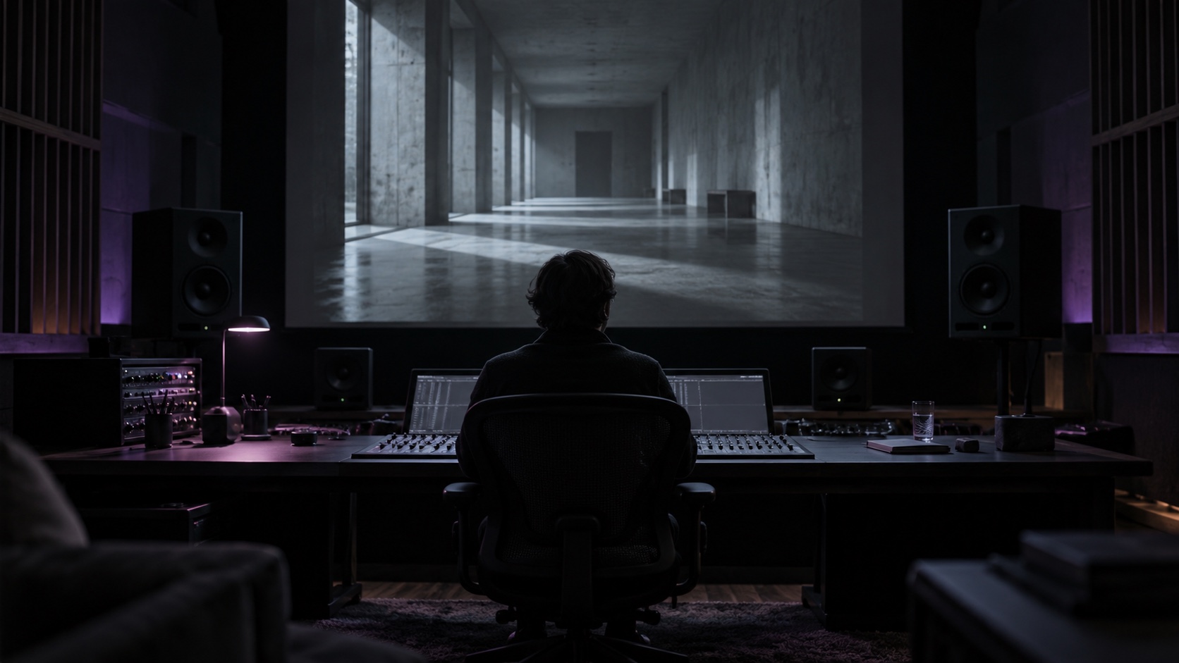 Editor de sonido escucha una escena de corredor vacío en una sala de postproducción oscura.