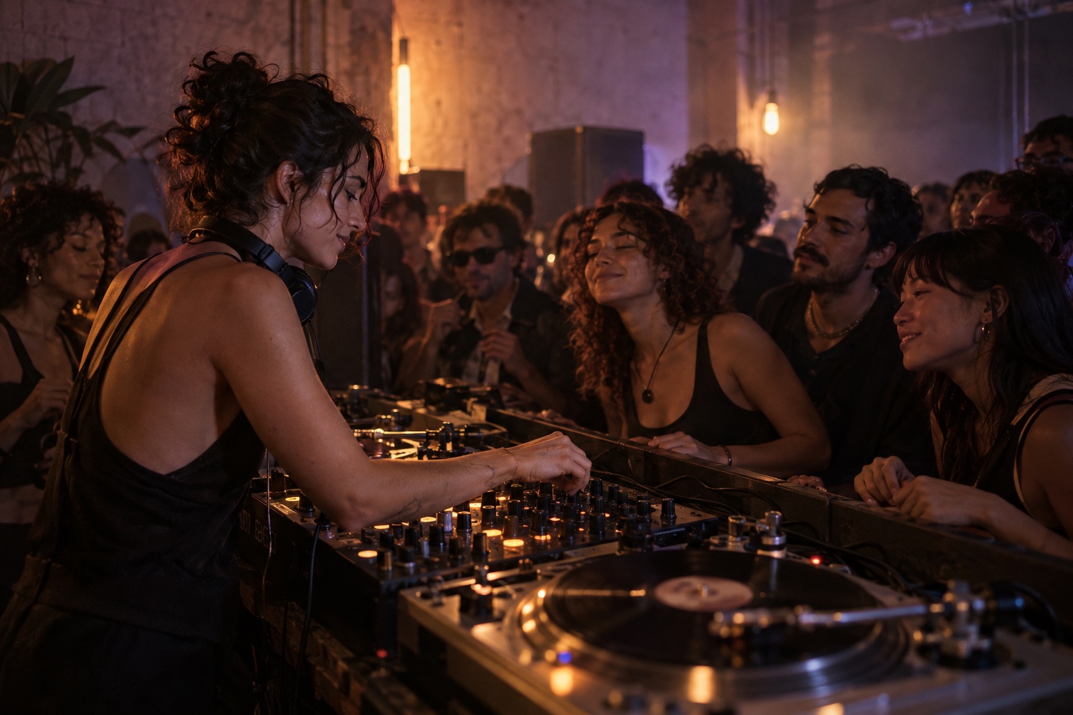 DJ mezcla frente a una pista cercana mientras el público conecta con la selección y responde a su energía.