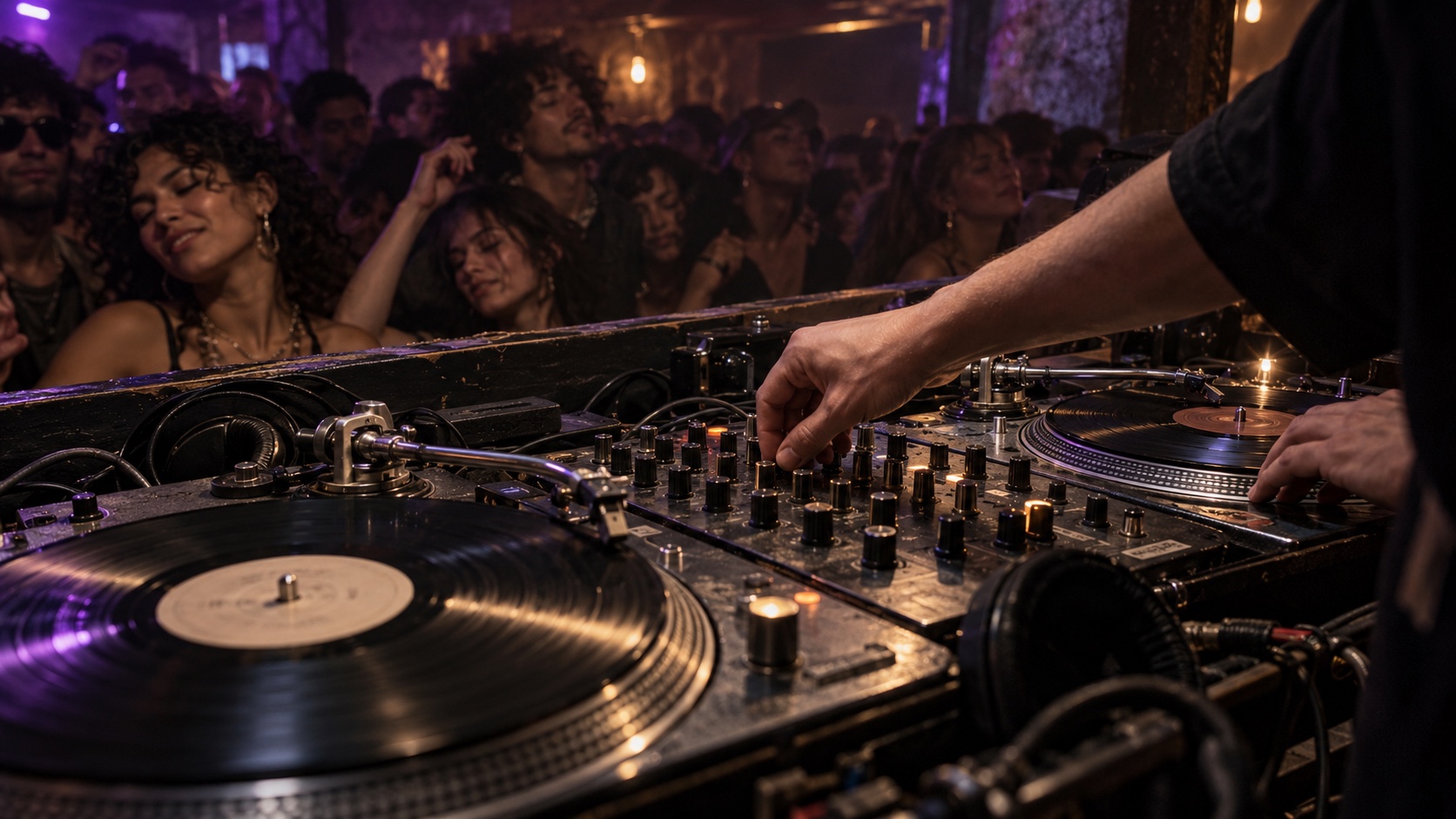 Tornamesas, discos de vinilo y mezcladora ocupan el primer plano mientras el público baila frente al DJ.