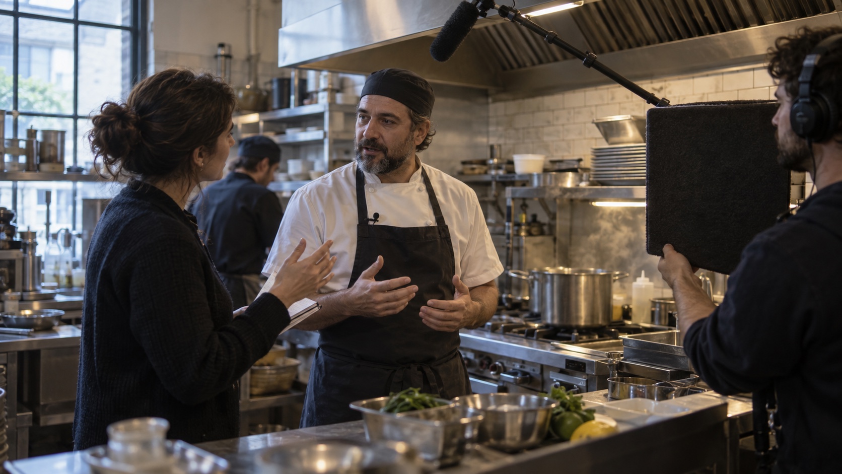 Entrevistadora conversa con un chef en una cocina activa mientras un técnico controla el sonido directo.
