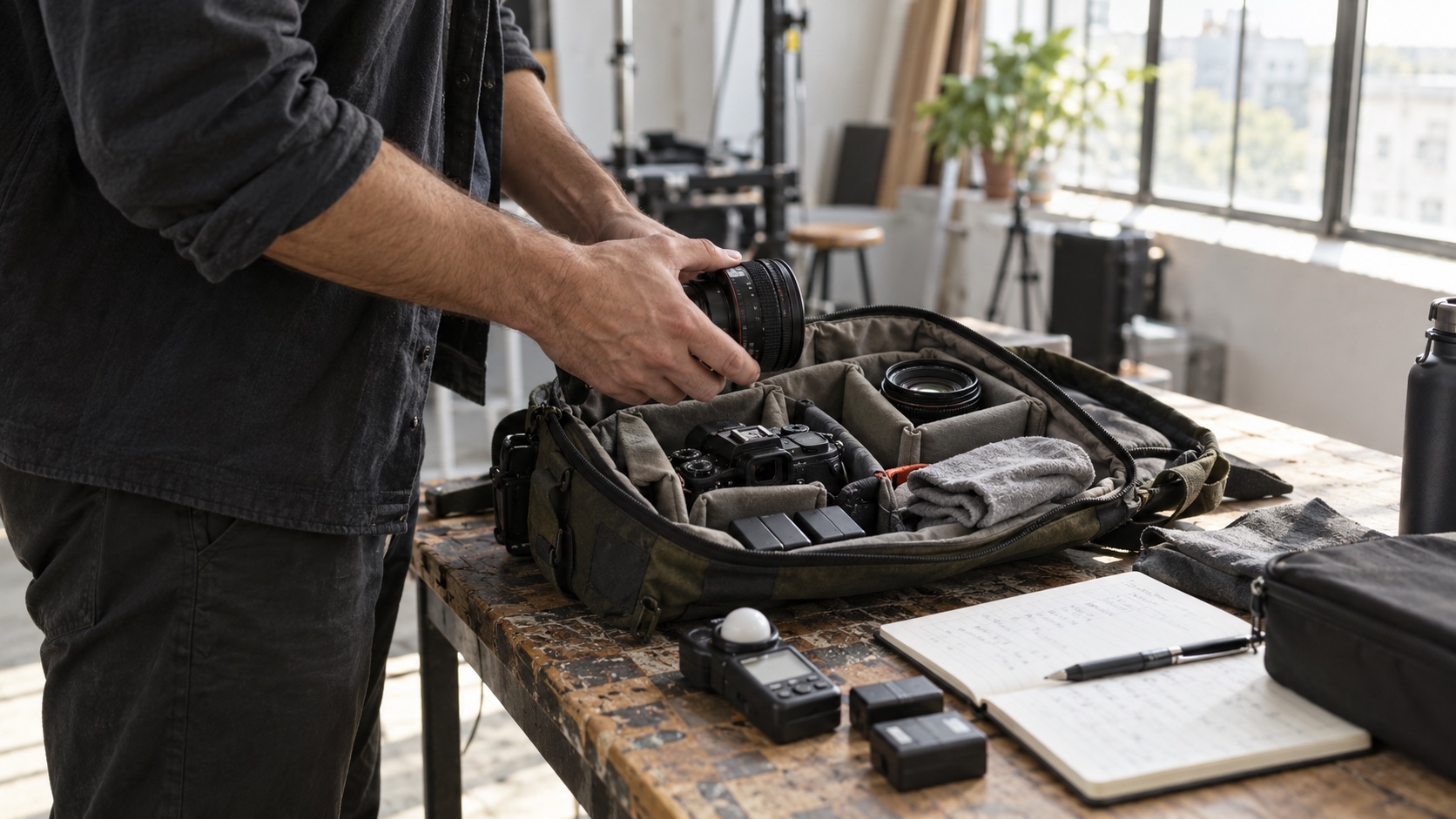 Fotógrafo prepara una bolsa compacta de cámara y lentes sobre una mesa de trabajo iluminada por la ventana.