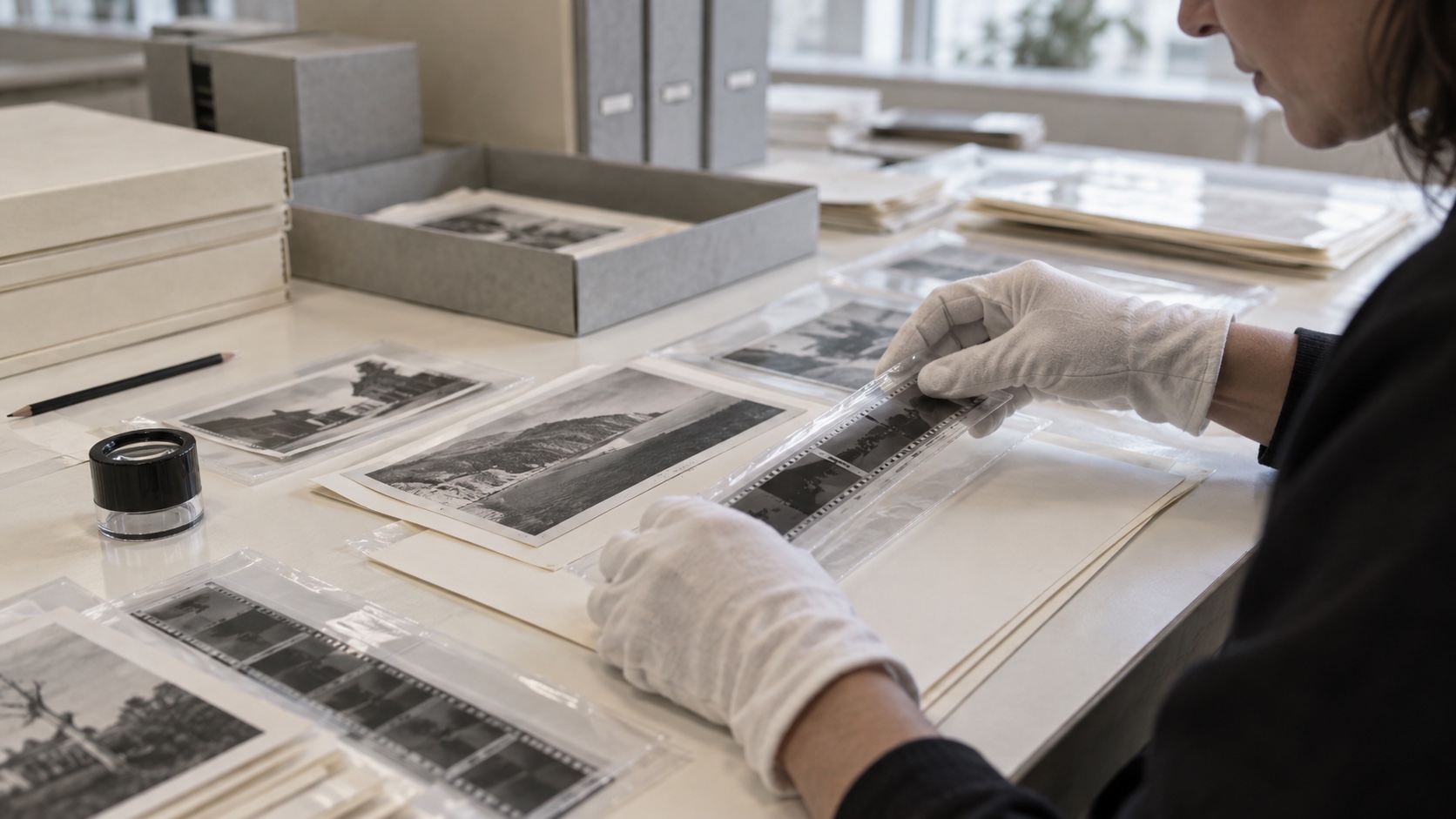 Archivista conserva negativos y fotografías dentro de fundas libres de ácido.