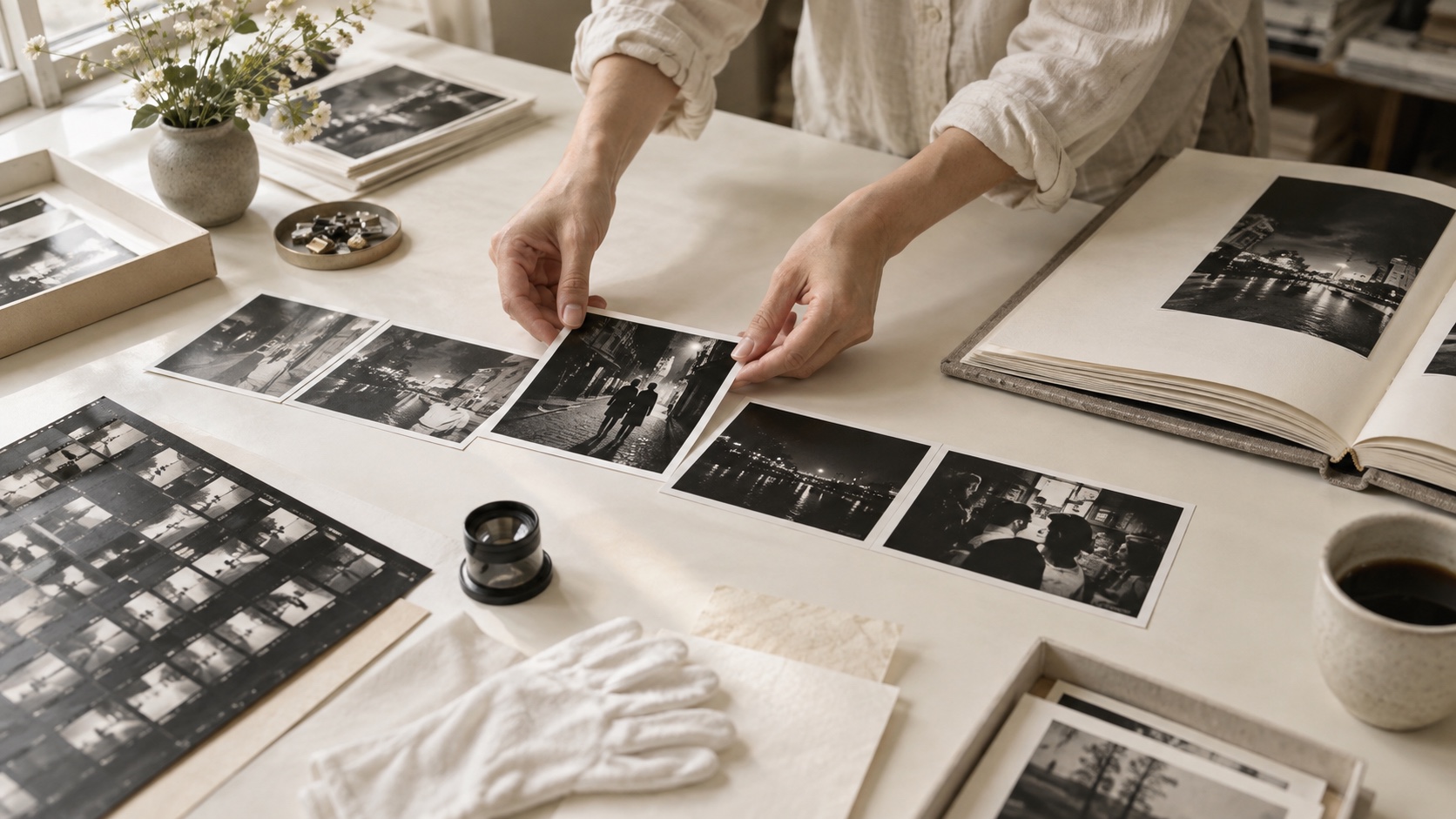 Editora organiza fotografías, contactos y un álbum de lino sobre una mesa color marfil.