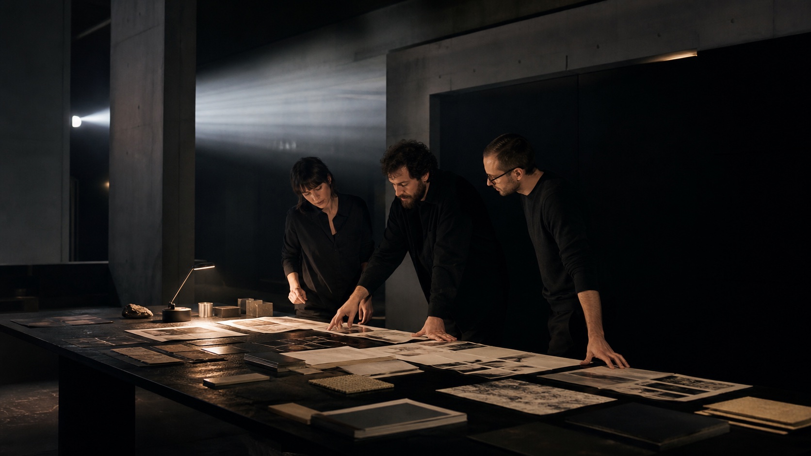 Equipo creativo revisando imágenes y materiales sobre una mesa en un estudio de concreto oscuro.