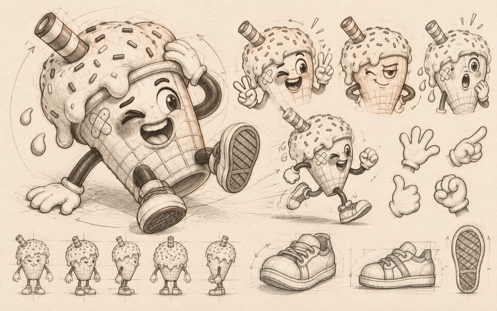 Boceto de proceso del personaje de Frutisa con estudios de pose, expresión y construcción