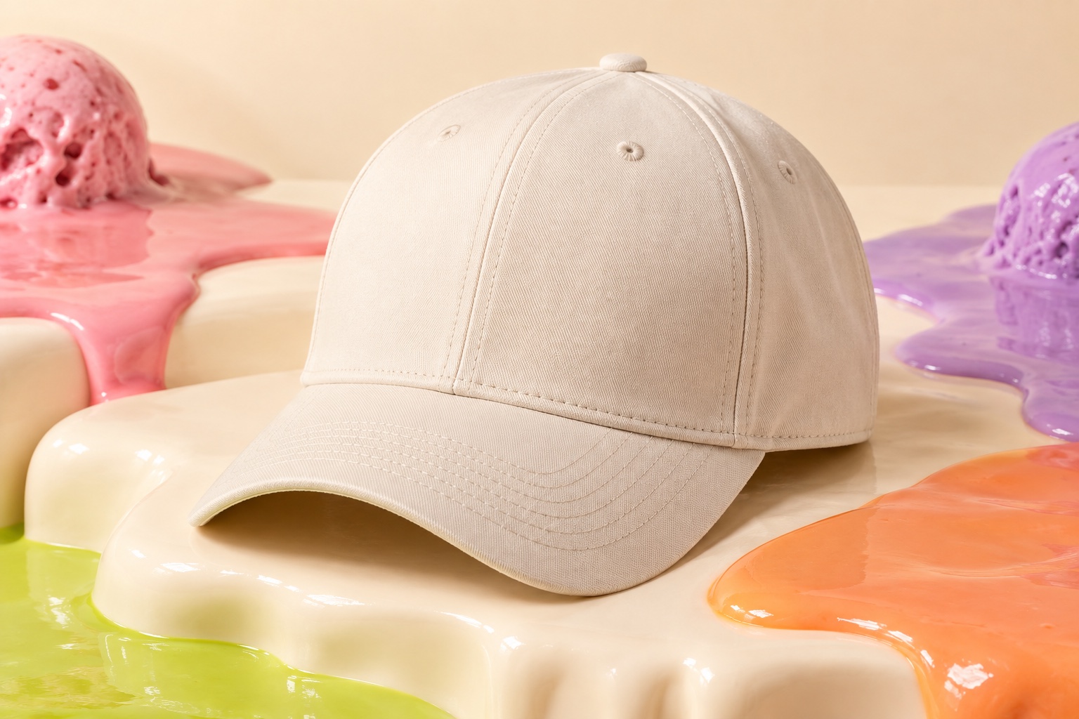 Gorra color crema en un entorno material Frutisa