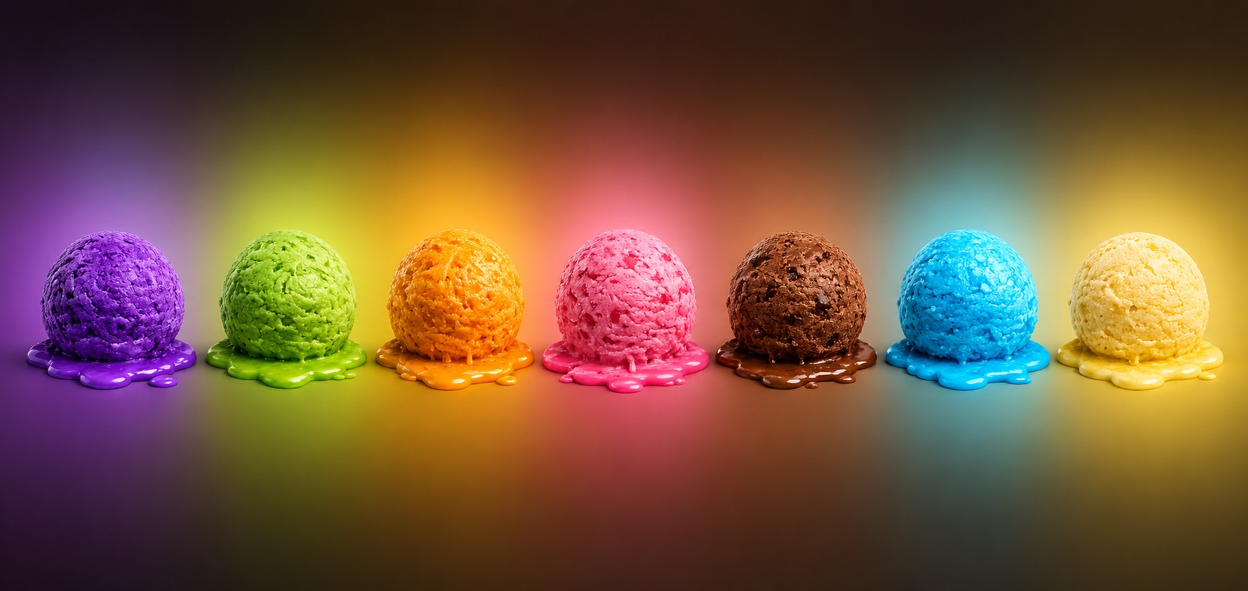 Siete sabores de helado Frutisa alineados sobre un fondo cromático que recorre la paleta de la marca.