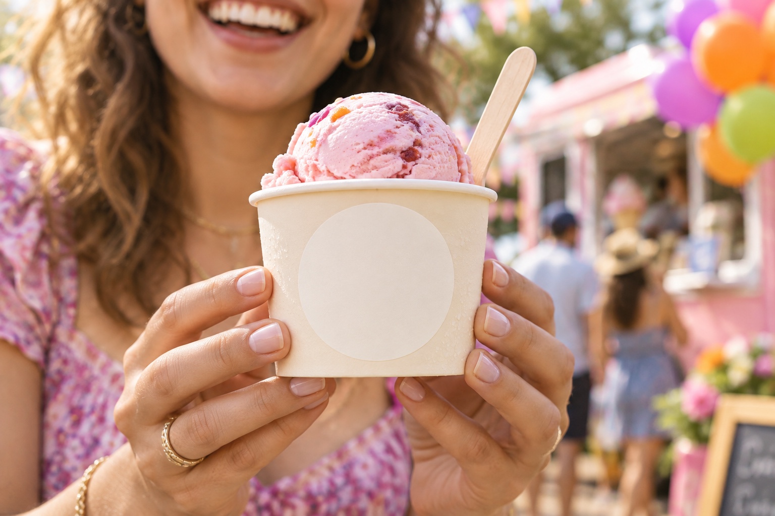 Persona sosteniendo un vaso de helado preparado para etiqueta Frutisa