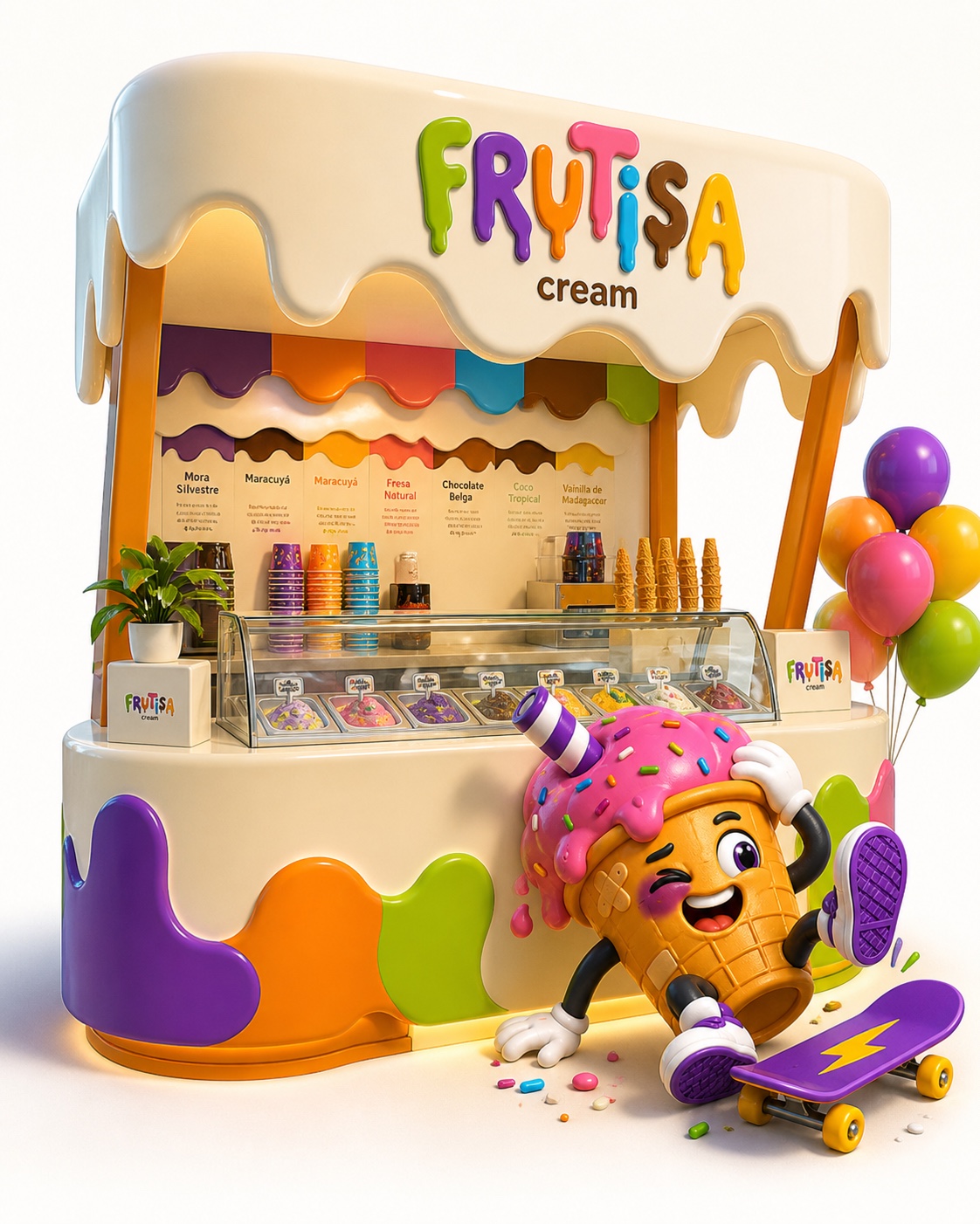 Punto de venta tridimensional de Frutisa con logotipo, sabores y Brand Pet