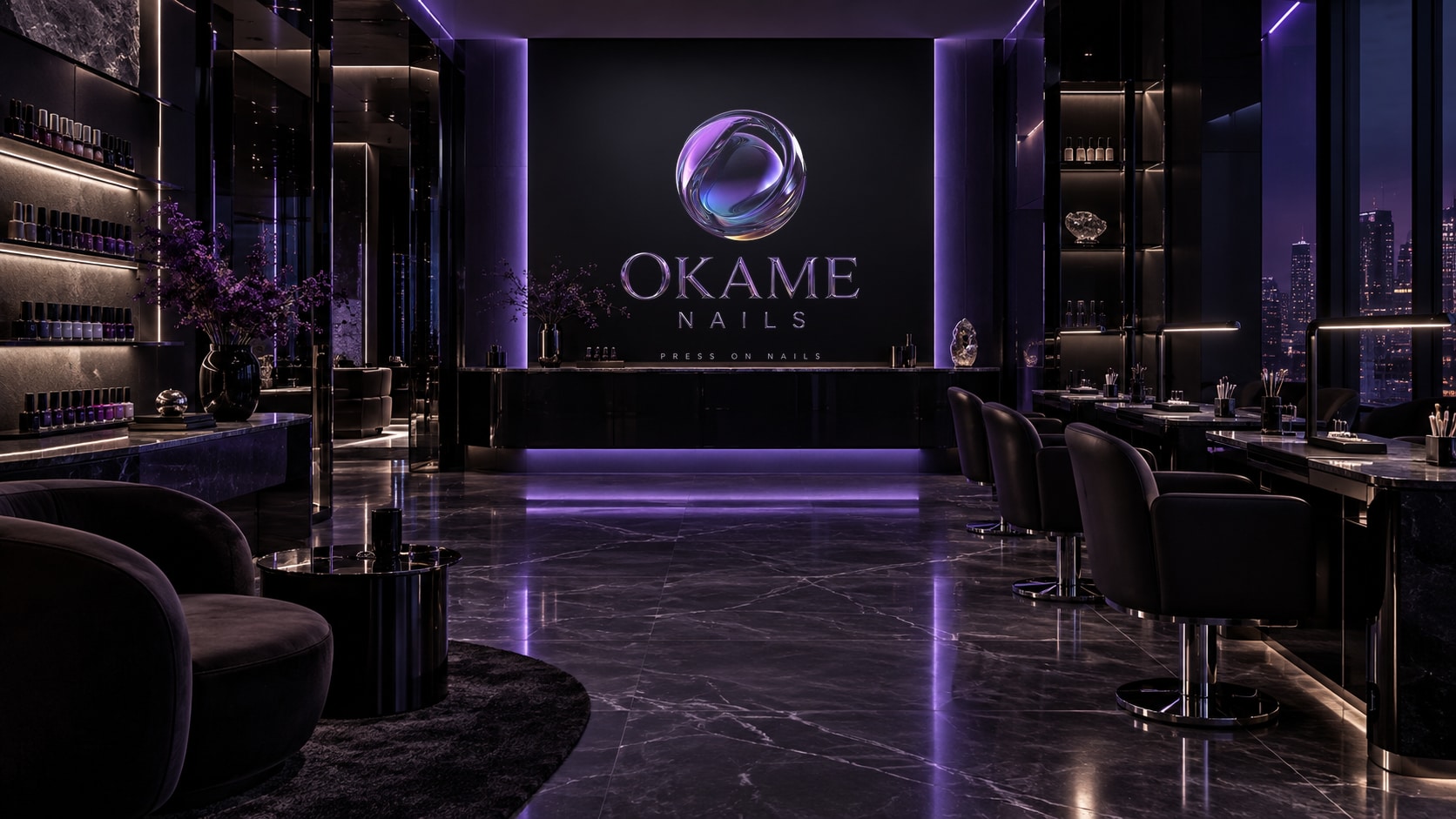 Interior nocturno de un estudio de uñas con la firma oficial de OKAME Nails