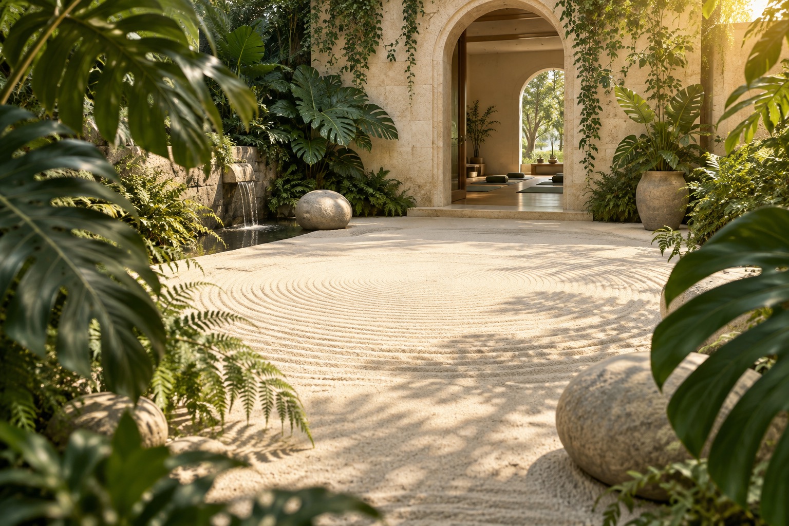 Jardín botánico y acceso ceremonial que introducen el universo visual de Shakti Yoga Estudio.
