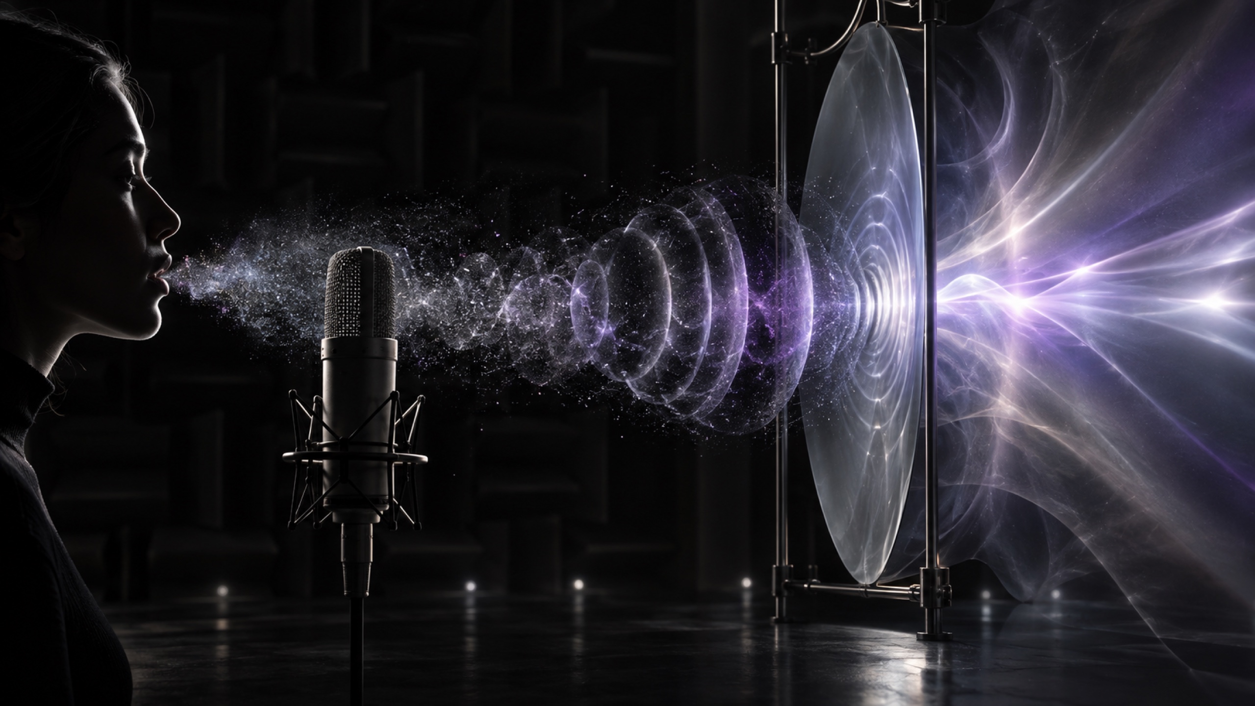 Voz humana representada como partículas, ondas y luz frente a un micrófono dentro de una cámara acústica.