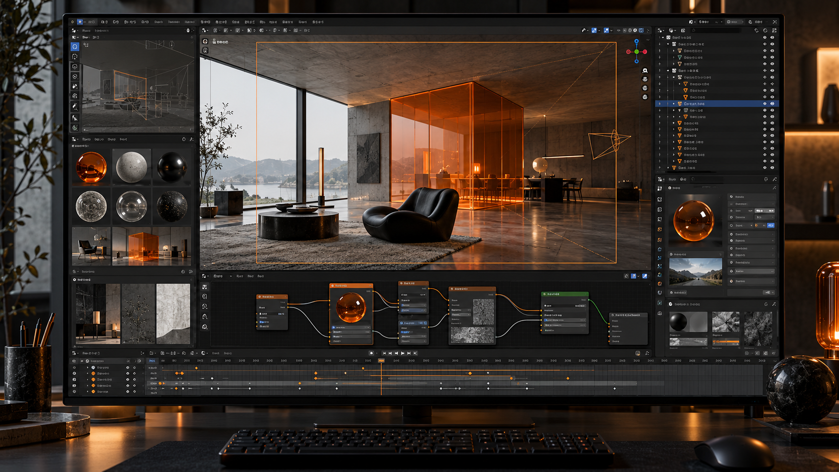 Interfaz de modelado 3D trabajando un render arquitectónico con materiales naranjas
