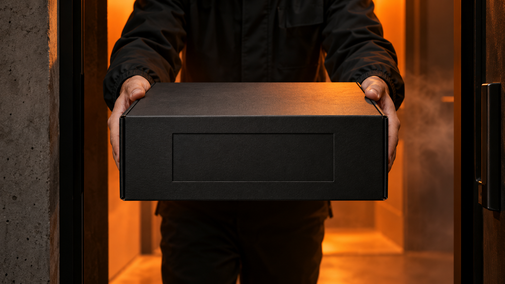 Repartidor entregando una caja negra de diseño bajo luz naranja