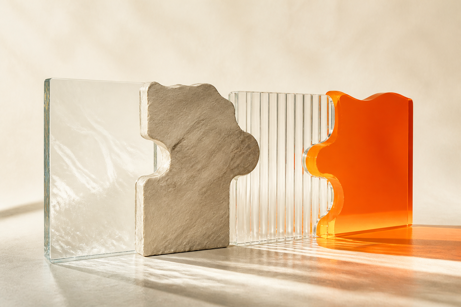 Cuatro paneles de vidrio, arcilla, acrílico transparente y acrílico naranja sobre fondo marfil