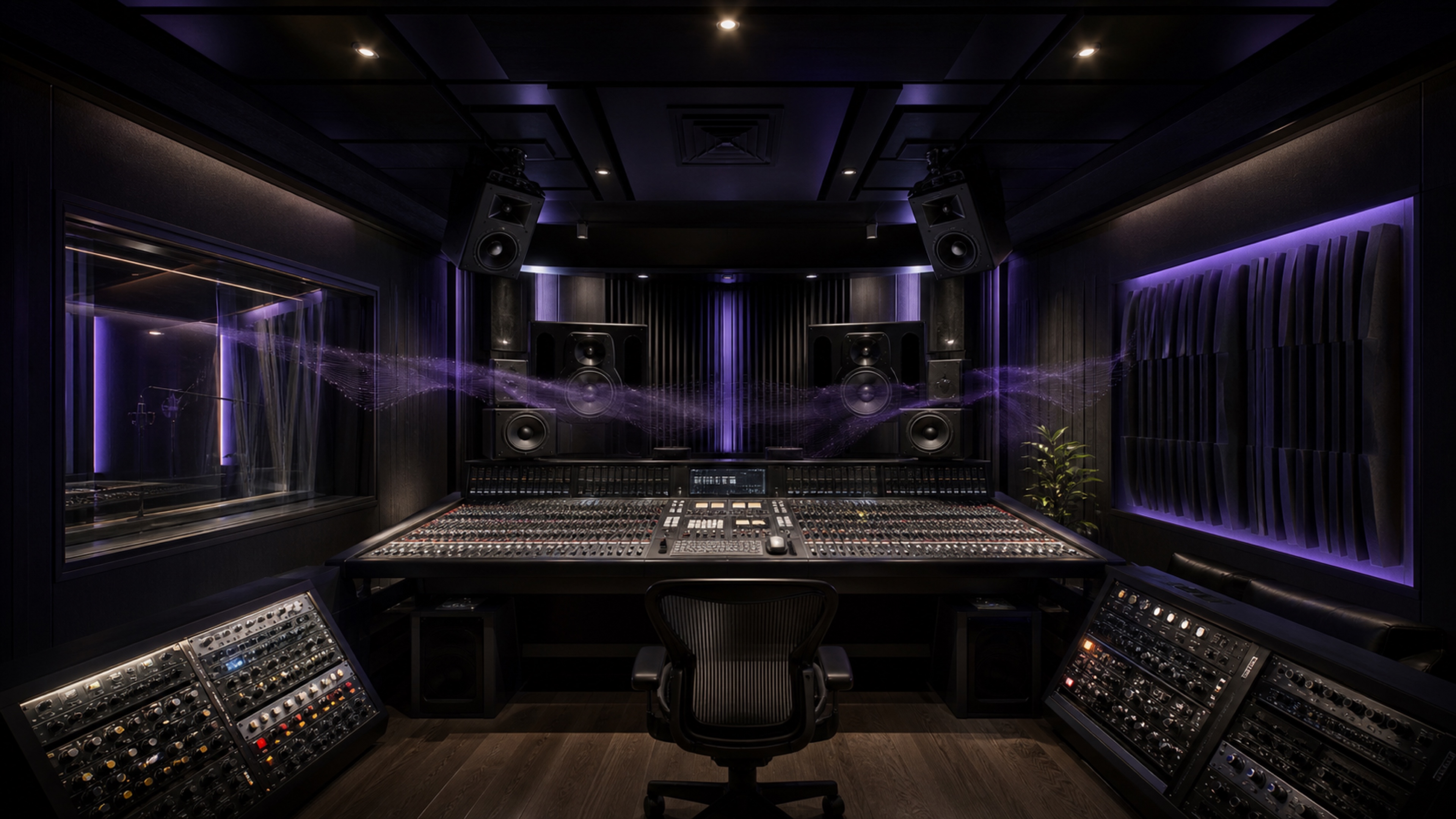 Estudio profesional de audio con consola, monitores y acentos de luz morada