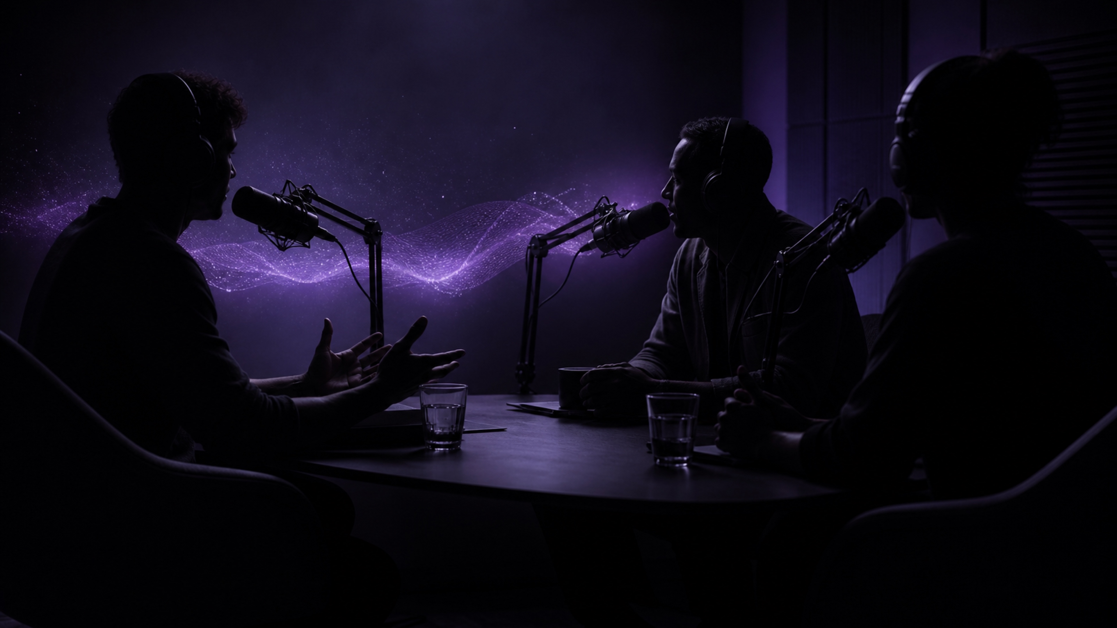 Tres personas en silueta grabando un podcast alrededor de micrófonos bajo contraluz violeta
