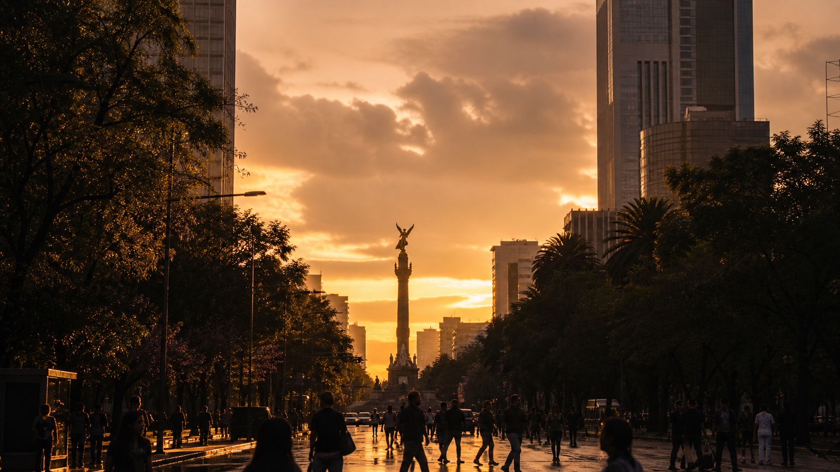 Ciudad de México durante una hora dorada, con el Ángel de la Independencia y peatones a contraluz.